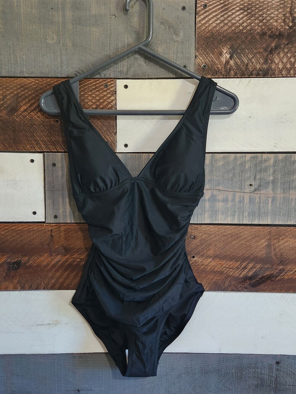Re-imagined JCrew Black Ruched Plunge Vneck One Piece Swimsuit Size 2 NWT
